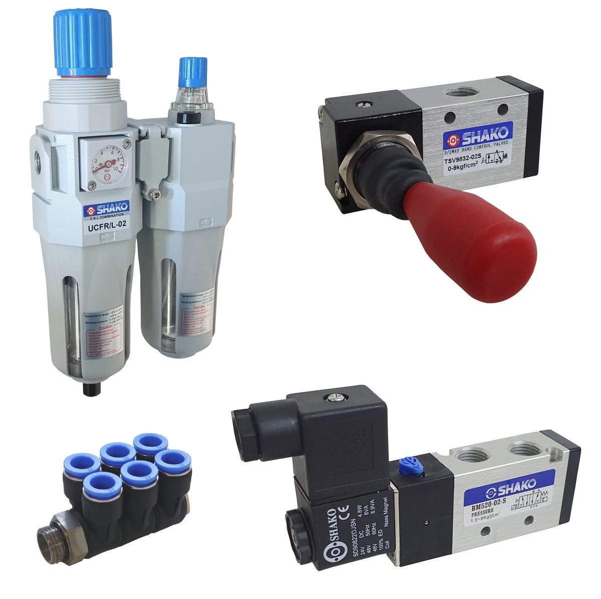 Pneumatics, Air valves, Filters, Regulators, fittings + more
